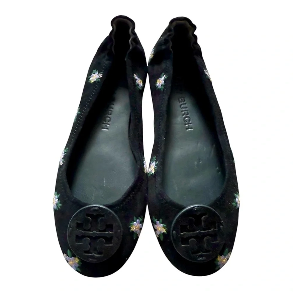TORY BURCH Minnie Travel Flat Women 8 Black Daybreak Ditsy Floral Embroider Shoe